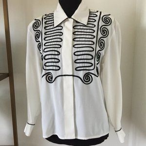 Vintage 80s FIGI SPORT Ivory with Black Applique Blouse Size 8 Small